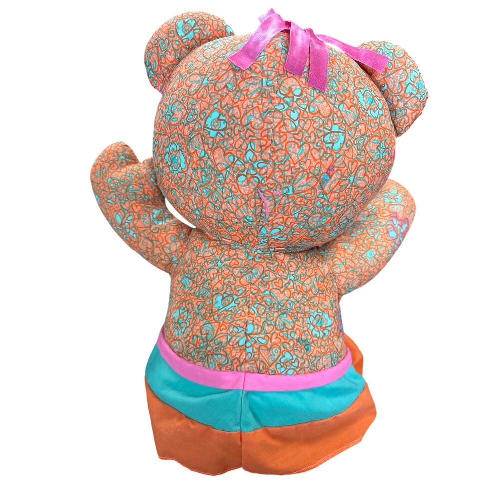 15" Pink Doodle Bear Girl Teddy Stuffed Flowers Print Plush  Mashine Washable - Picture 3 of 7